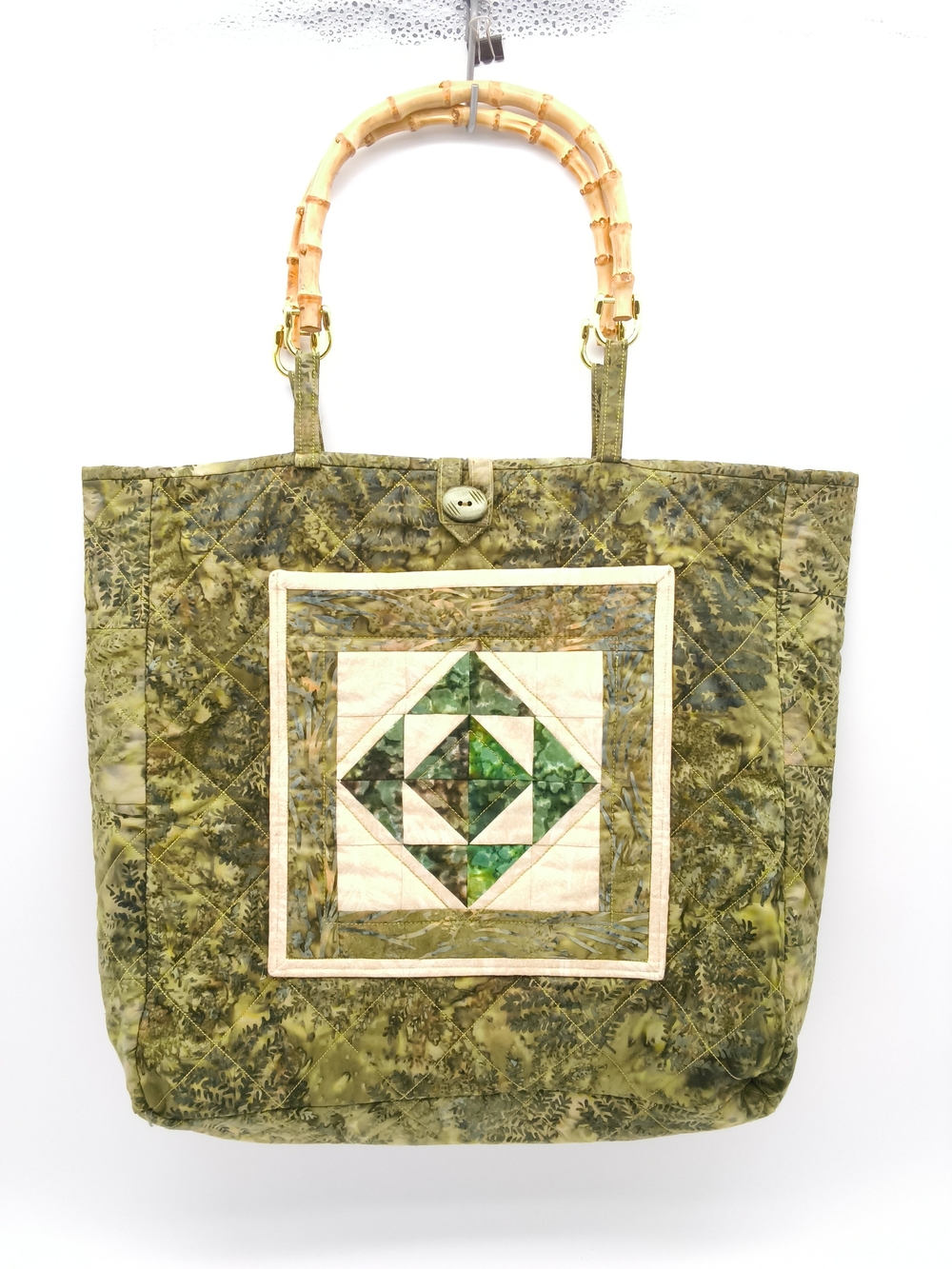 Vintage Handmade Quilted Tote Bag With Bamboo Handles